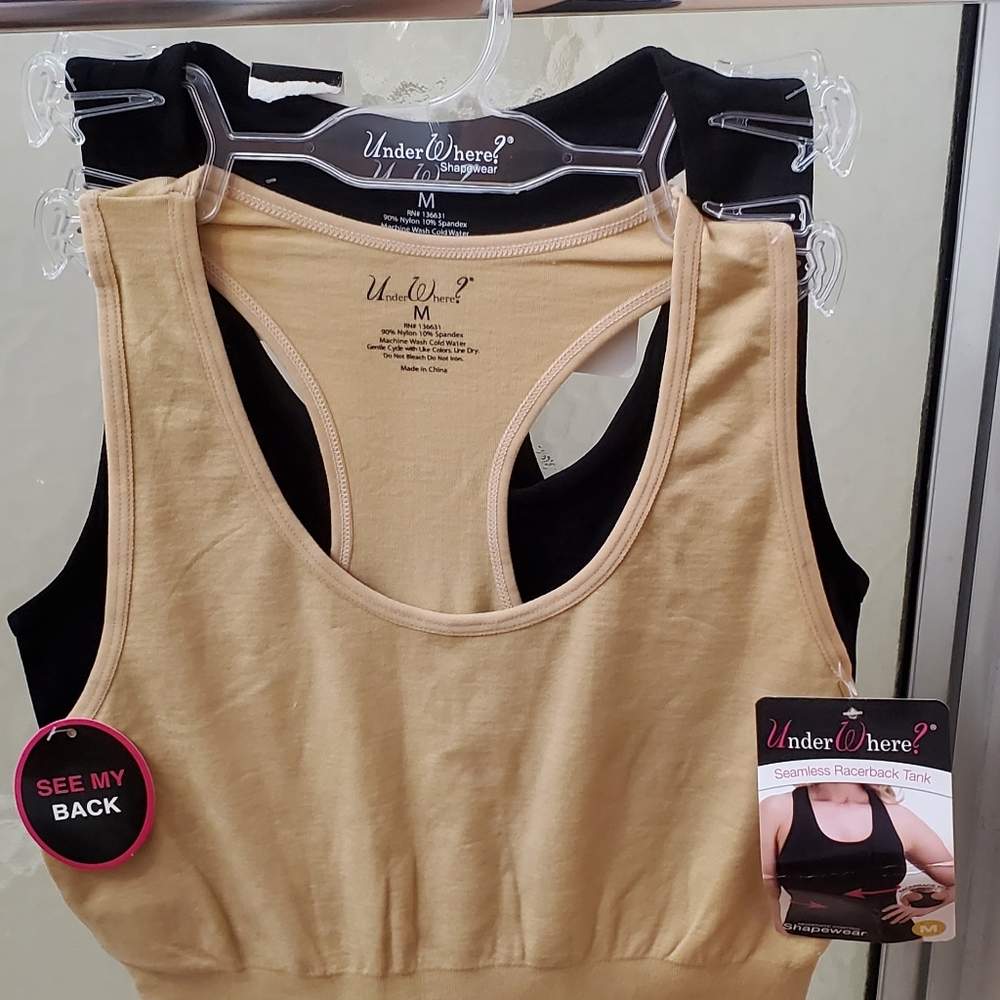 NWT 2PK UnderWhere? Seamless Racerback Shapewear Tanks; Szs M& XL. B/T;$35 Each.